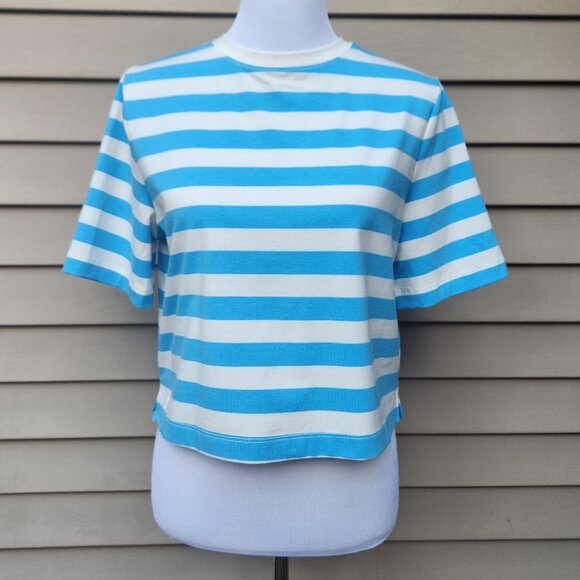 a new day Striped Cropped Crewneck T-Shirt Light Blue White NWT Boxy - Picture 3 of 13